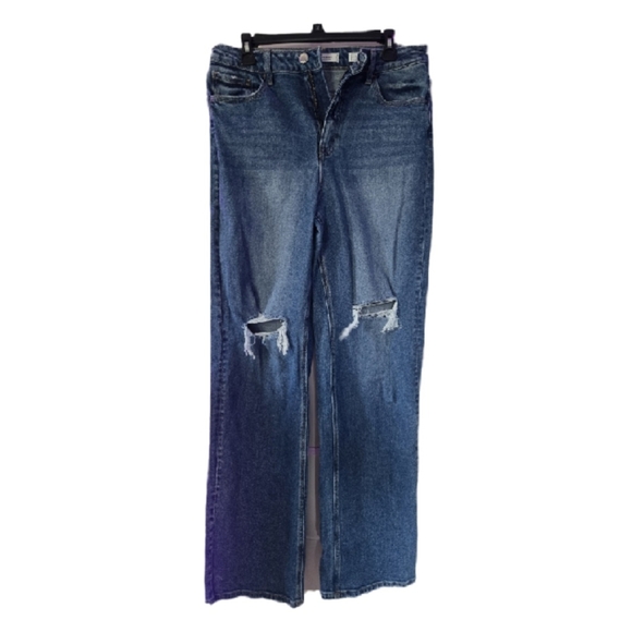 KanCan 90s Women's Wide Leg Dark Blue Distressed Jeans Size 28 - Picture 1 of 4